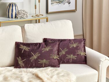 Set of 2 Embroidered Velvet Cushions Dragonfly Motif 30 x 50 cm Purple DAYLILY
