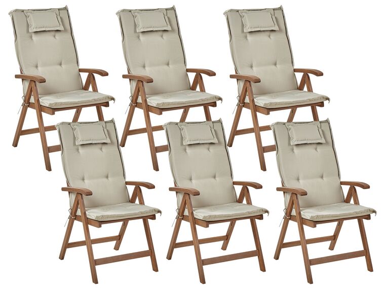 Sada 6 zahradních skládacích židlí z tmavého akáciového dřeva s šedobéžovými polštáři AMANTEA_879778