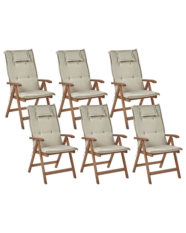 Conjunto 6 cadeiras de jardim em madeira escura de acácia com almofadas taupe AMANTEA_879778