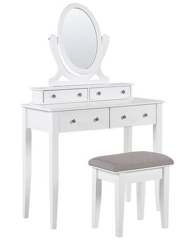 Toalettbord 4 lådor oval spegel och pall vit LUNE