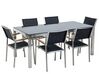 Hatszemélyes étkezőasztal fekete üveglappal és fekete textilén székekkel GROSSETO_677296