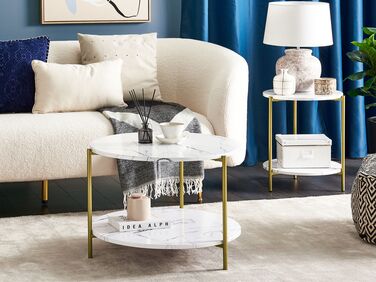 Marble Effect Coffee Table with Shelf  White and Gold REVA
