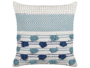Poduszka dekoracyjna bawełniana z frędzlami 45 x 45 cm biało-niebieska DATURA