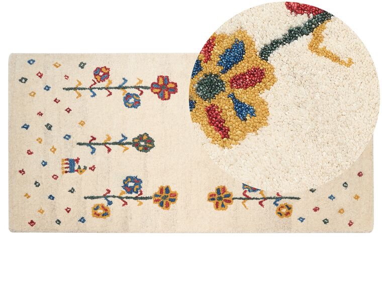 Gabbeh Teppich Wolle beige 80 x 150 cm Blumenmuster Hochflor HUSUNLU_855485