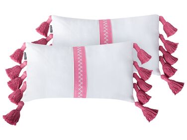 Set of 2 Cotton Cushions with Tassels 30 x 50 cm White and Pink LOVELY