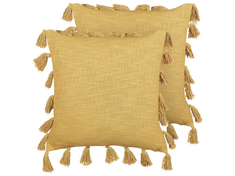 Set of 2 Cotton Cushions with Tassels 45 x 45 cm Yellow LYNCHIS_838707