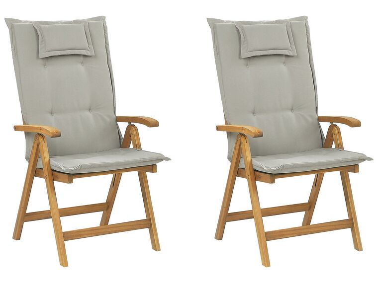 Set of 2 Acacia Wood Garden Folding Chairs with Taupe Cushions JAVA_788671