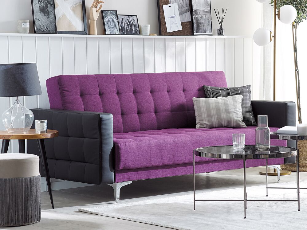 3 Seater Fabric Sofa Bed Purple With Black Aberdeen Beliani Es 3 Seater Fabric Sofa Bed Purple With, Purple Sofa Bed