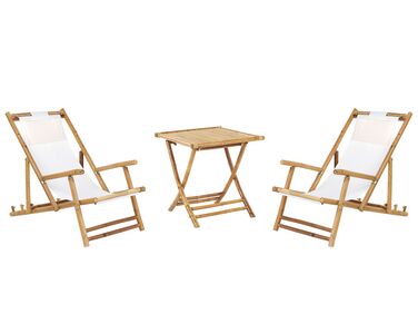 2 Seater Bamboo Sun Lounger Set with Coffee Table Light Wood and Off-White ATRANI /MOLISE