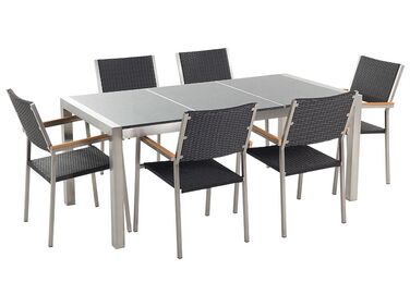 6 Seater Garden Dining Set Grey Granite Top with Black Rattan Chairs GROSSETO