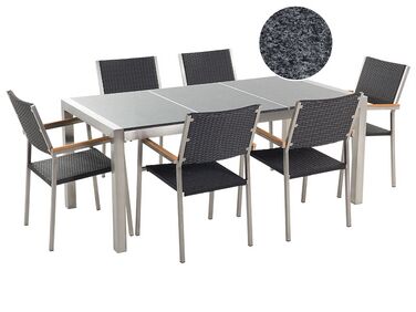 Table de jardin plateau granit gris poli 180 cm 6 chaises en rotin GROSSETO
