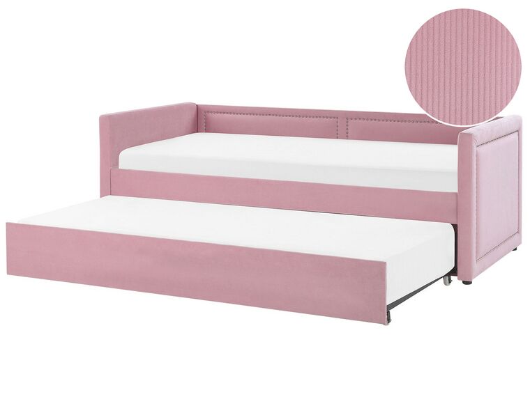 Manšestrová rozkládací postel 90 x 200 cm růžová MIMIZAN_798335