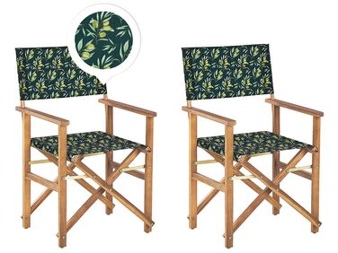 Set of 2 Acacia Folding Chairs and 2 Replacement Fabrics Light Wood with Grey / Olives Pattern CINE