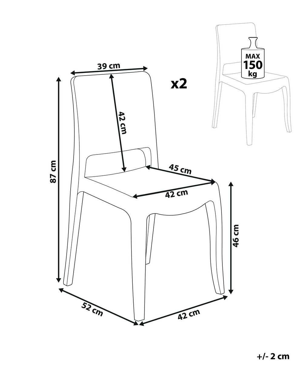 Chaise - Lot de 4 - 150 kg max. - Surface d'assise de 52 x 46,5 cm