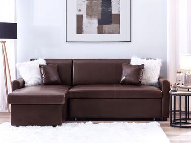 Right Hand Faux Leather Corner Sofa Bed with Storage Dark Brown OGNA