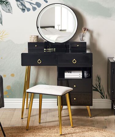 6 Drawers Dressing Table with LED Mirror and Stool Black and Gold YVES