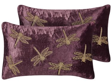 Set of 2 Embroidered Velvet Cushions Dragonfly Motif 30 x 50 cm Purple DAYLILY