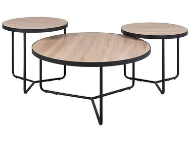 Set of 3 Coffee Tables Light Wood with Black MELODY
