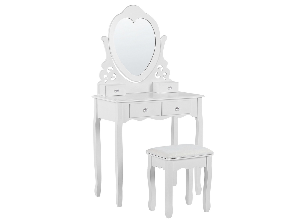 Coiffeuse avec miroir en forme de cœur 4 tiroirs et tabouret blanc DIVA 