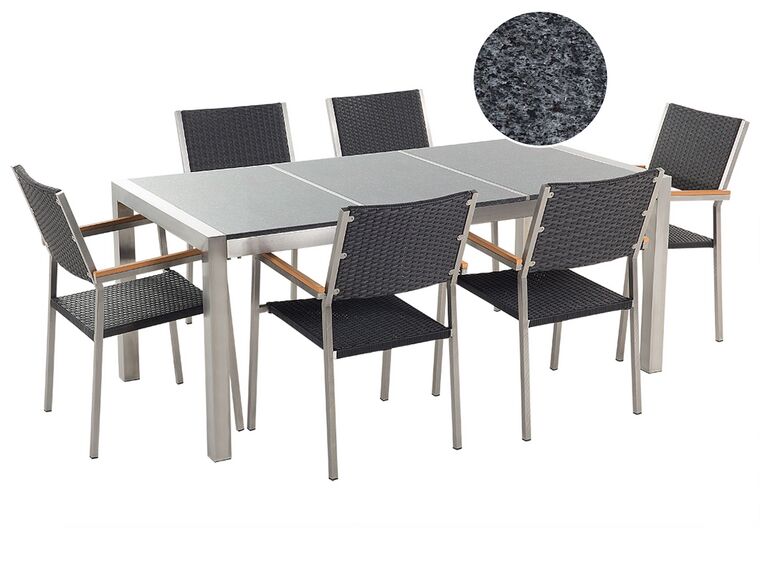 Table de jardin plateau granit gris poli 180 cm 6 chaises en rotin GROSSETO_464883