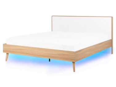 Cama de casal com iluminação LED em madeira clara e branca 160 x 200 cm SERRIS