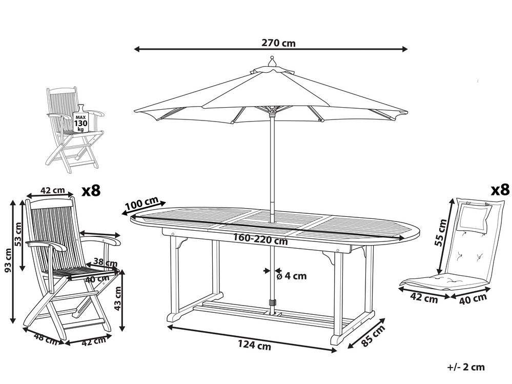 Set da giardino in legno di acacia per 8 persone con ombrellone grigio MAUI  