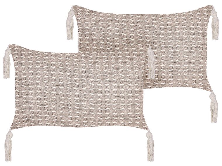 Set of 2 Cushions Geometric Pattern with Tassels 25 x 45 cm Taupe HAKONE_856427
