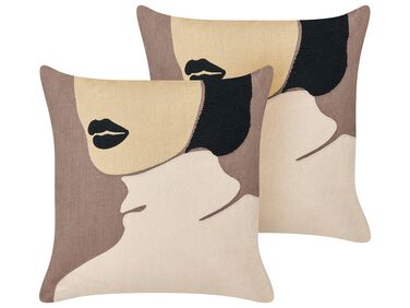 Set of 2 Cotton Cushions Female Motif 45 x 45 cm Brown and Beige SILPHIUM