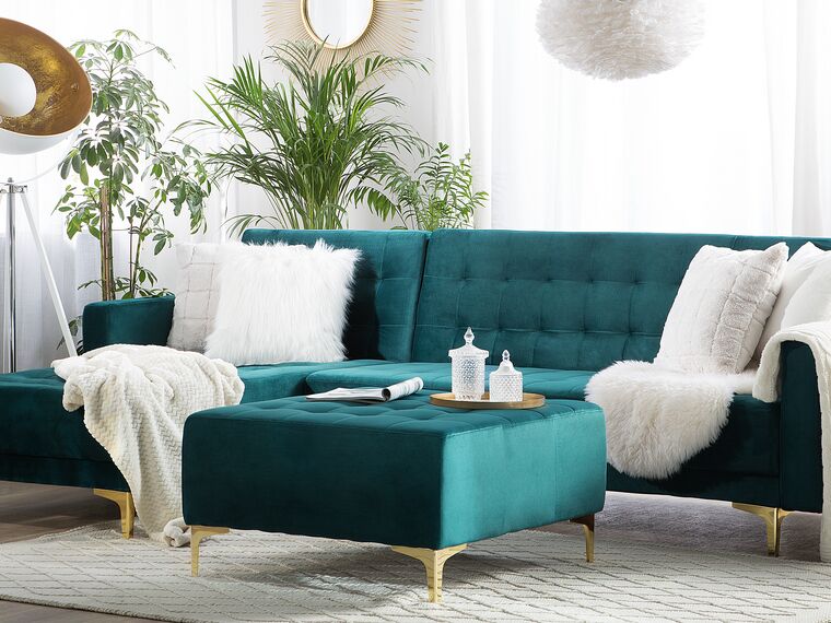 Sofá de canto versão 4 lugares em veludo azul esverdeado à direita