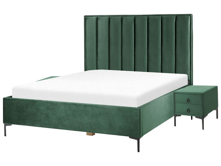 Sametová souprava nábytku postel 160 x 200 cm +2 noční stolky tmavě zelená SEZANNE_892532