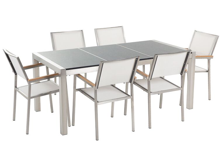 Hatszemélyes szürke gránit osztott asztallapú étkezőasztal fehér textilén székekkel GROSSETO_394282