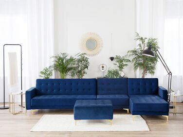 Left Hand Modular Velvet Sofa with Ottoman Navy Blue ABERDEEN