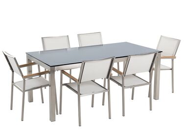 Conjunto de jardín mesa en vidrio negro 180 cm, 6 sillas blancas GROSSETO
