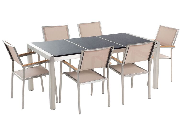 Hatszemélyes fekete osztott asztallapú étkezőasztal bézs textilén székekkel GROSSETO_395077