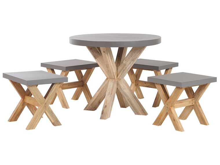 Set de jardin table ronde et 4 tabourets en fibre-ciment gris et bois OLBIA_806414