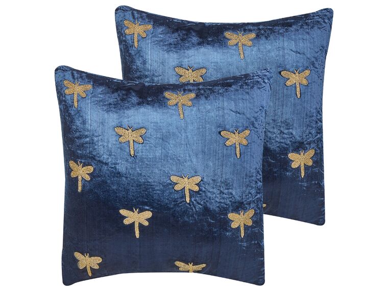 Set of 2 Embroidered Velvet Cushions Dragonfly Motif 45 x 45 cm Navy Blue BLUESTEM_892697