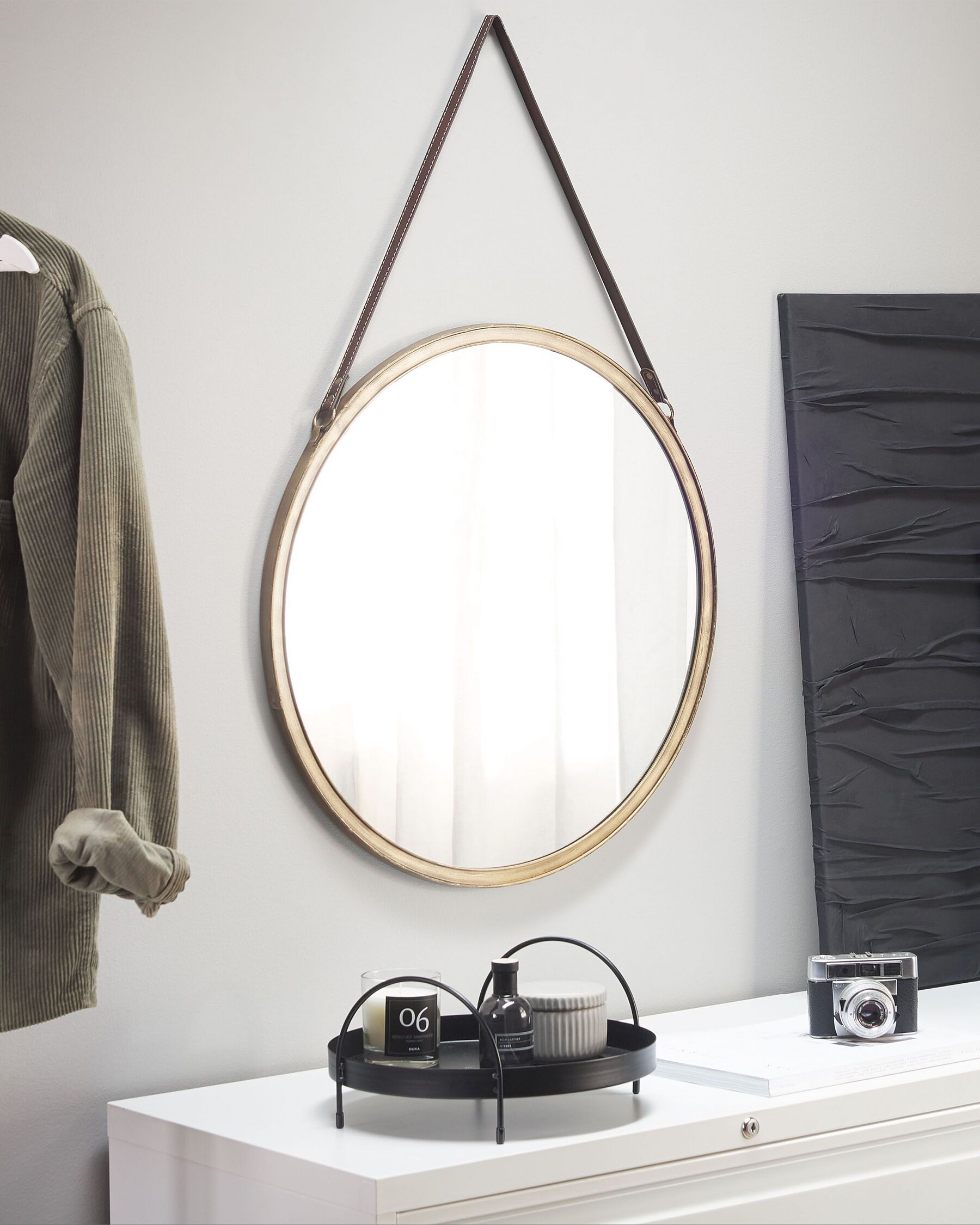 ASPECT Miroir de courtoisie décoratif Rond à Suspendre avec Sangle en Cuir et Bois (Noir, 50 cm