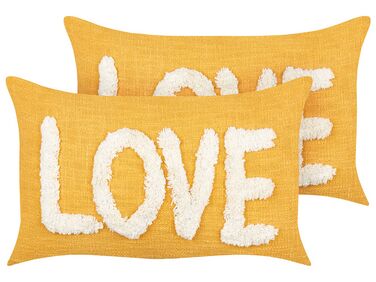2 Cotton Cushions 30 x 50 cm Yellow LOVE