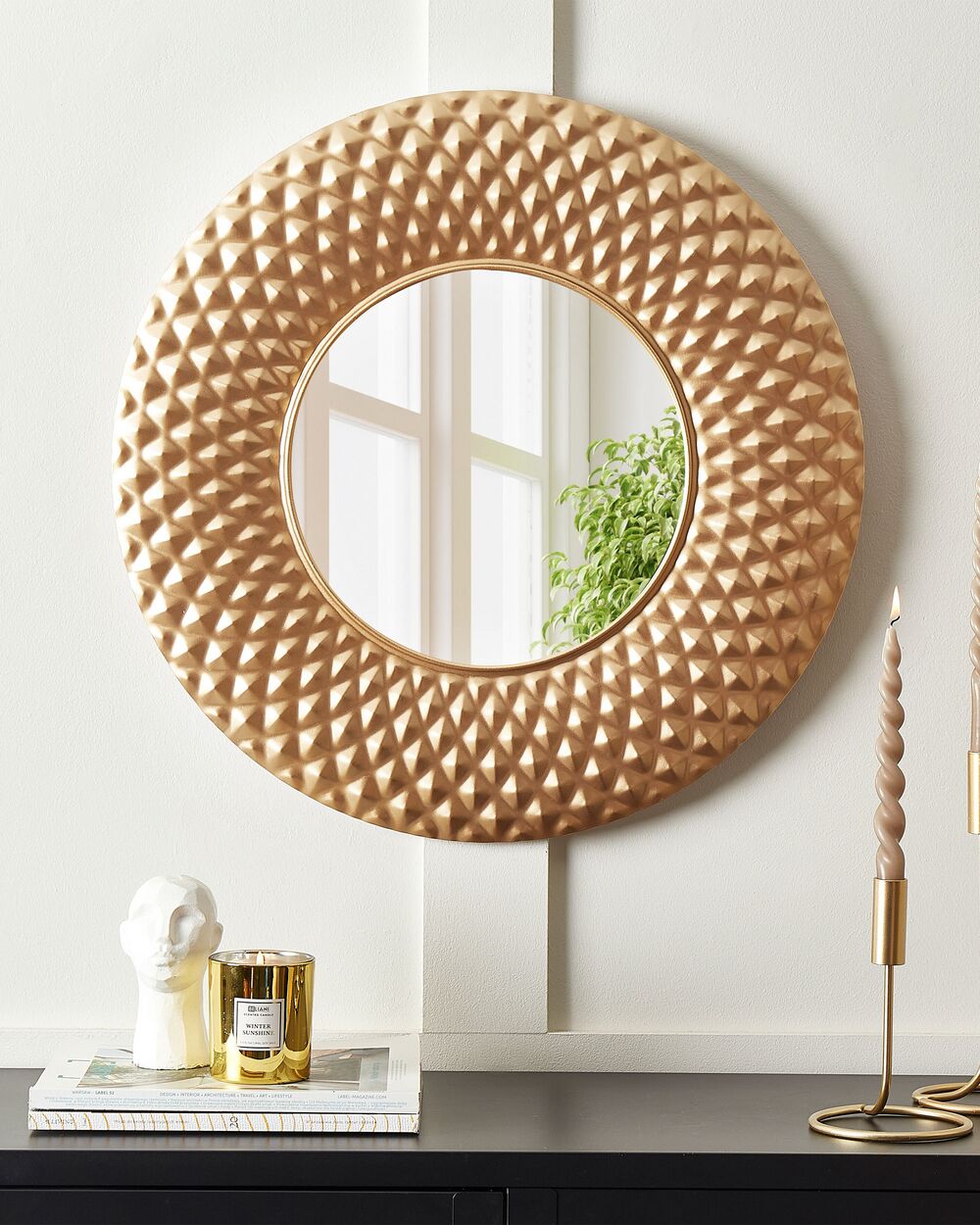 Beliani Accent Mirror Gold Metal 60 cm Wall Mounted Hanging Decorative Accessory Modern Glam Living Room Hallway Material:Iron Size:1x60x60