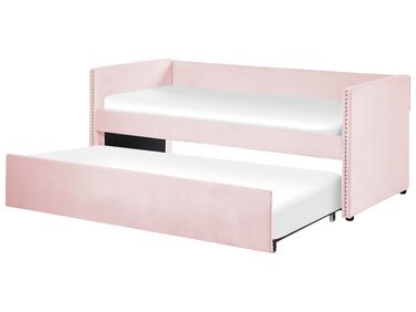 Rozkladacia zamatová posteľ 90 x 200 cm svetloružová TROYES