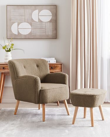 Boucle Armchair With Footrest Brown TUMBA