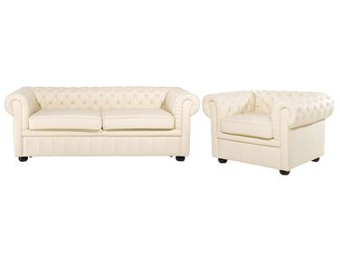 Ensemble canapé et fauteuil en cuir beige crème 4 places CHESTERFIELD 