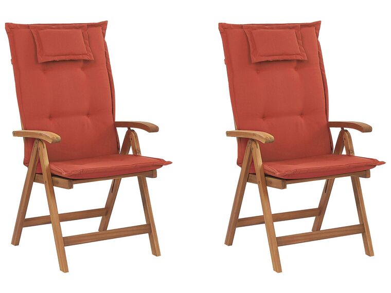 Set of 2 Acacia Wood Garden Folding Chairs with Red Cushions JAVA_787736