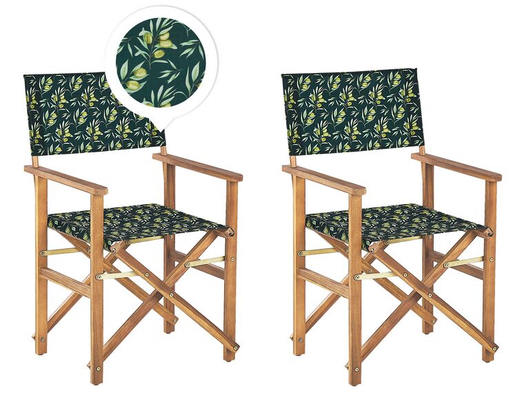 Set of 2 Acacia Folding Chairs and 2 Replacement Fabrics Light Wood with Off-White / Olives Pattern CINE_819260
