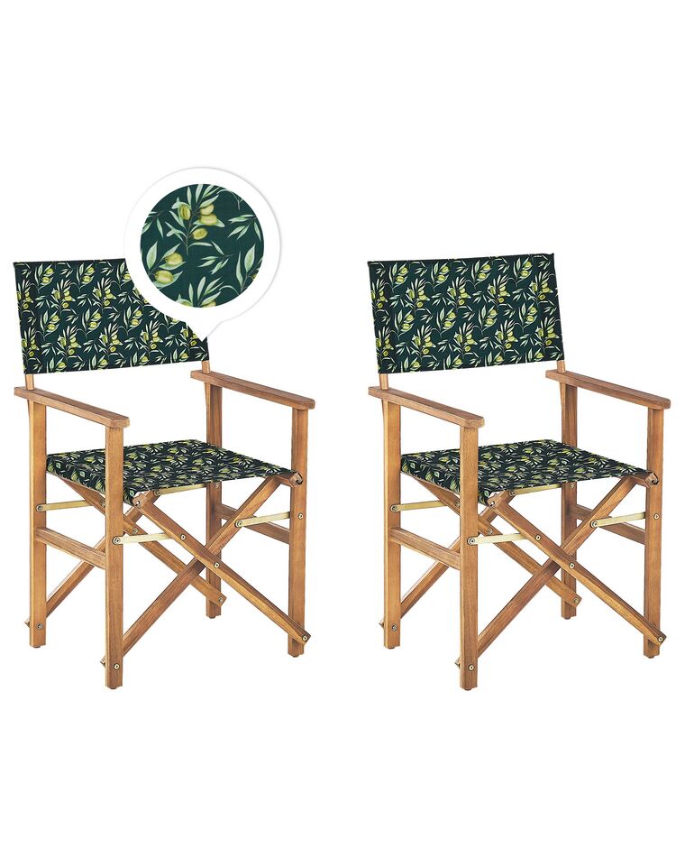 Sæt med 2 akacieklapstole og 2 udskiftningsbetræk lyst træ med offwhite/olivenmønster CINE_819260