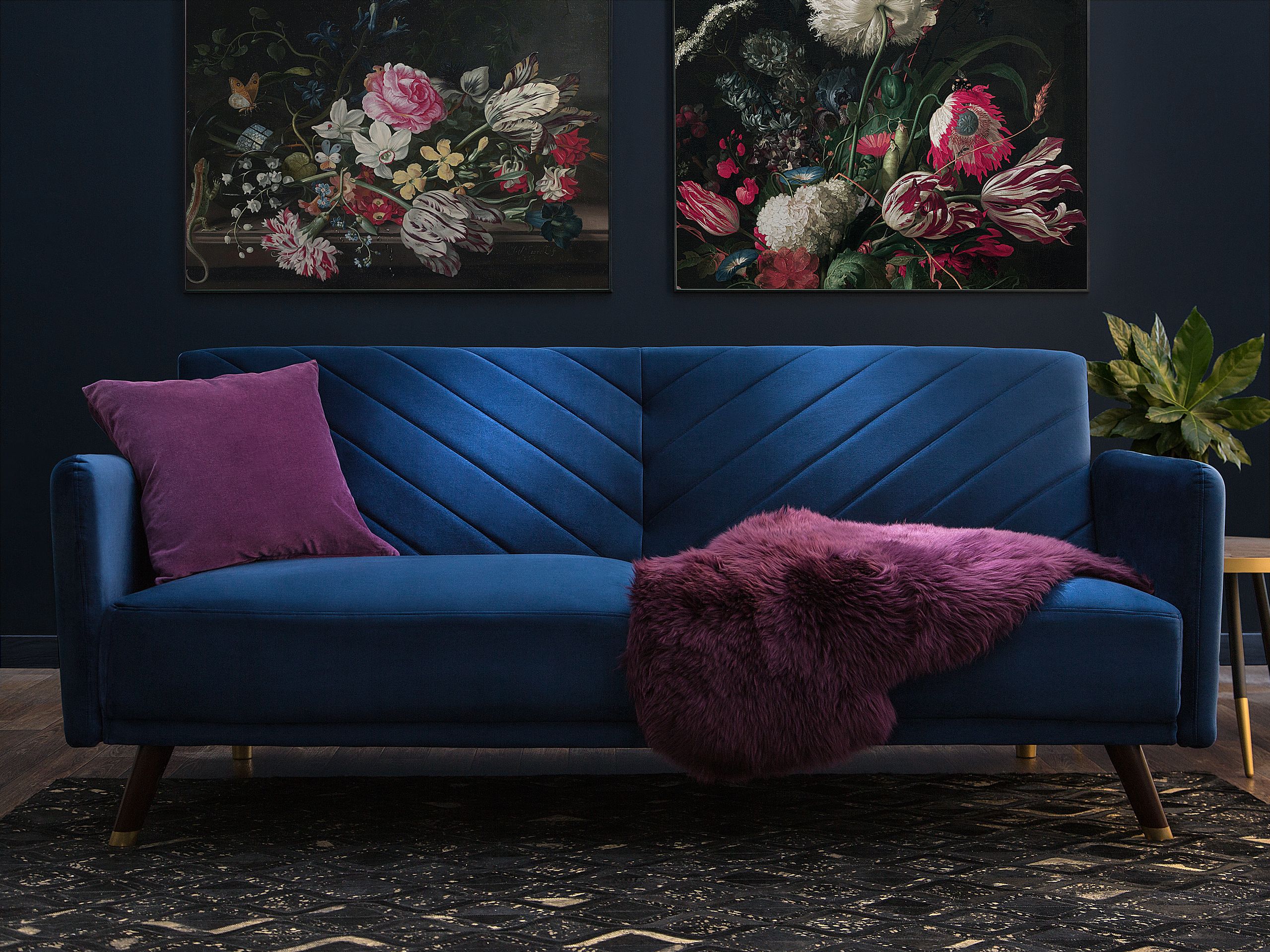 Sofá-cama de 3 lugares em veludo azul marinho SENJA