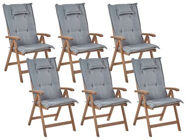 Conjunto 6 cadeiras de jardim em madeira escura de acácia e almofadas cinzentas AMANTEA