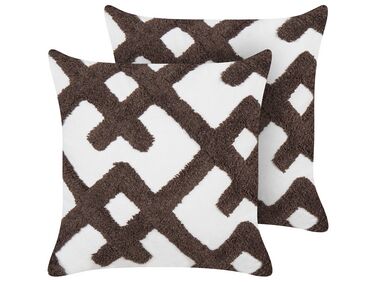 2 Cotton Cushions with Abstract Pattern 45 x 45 cm White and Brown CARNATION