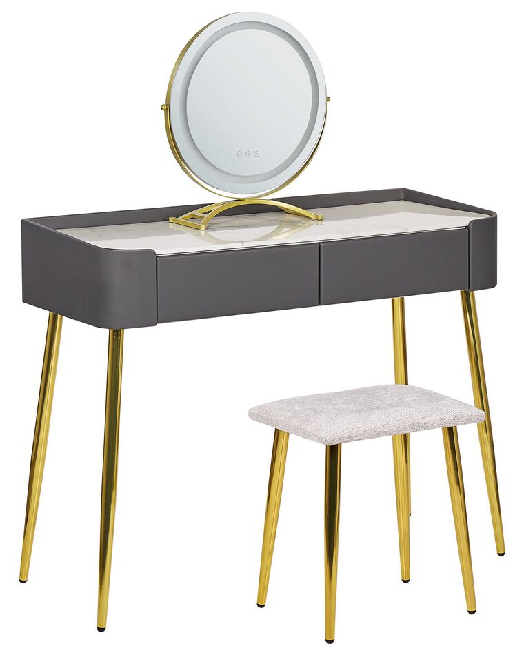 Coiffeuse gris et doré avec miroir à LED et tabouret SURIN_845528