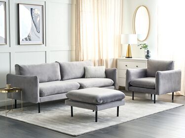 Velvet Living Room Set with Ottoman Grey VINTERBRO